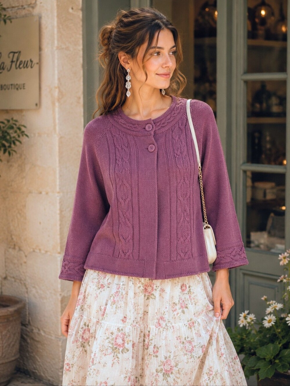 Vintage Croft & Barrow Purple Cotton Button Flyaway 3/4 Sleeve Cardigan Size XL